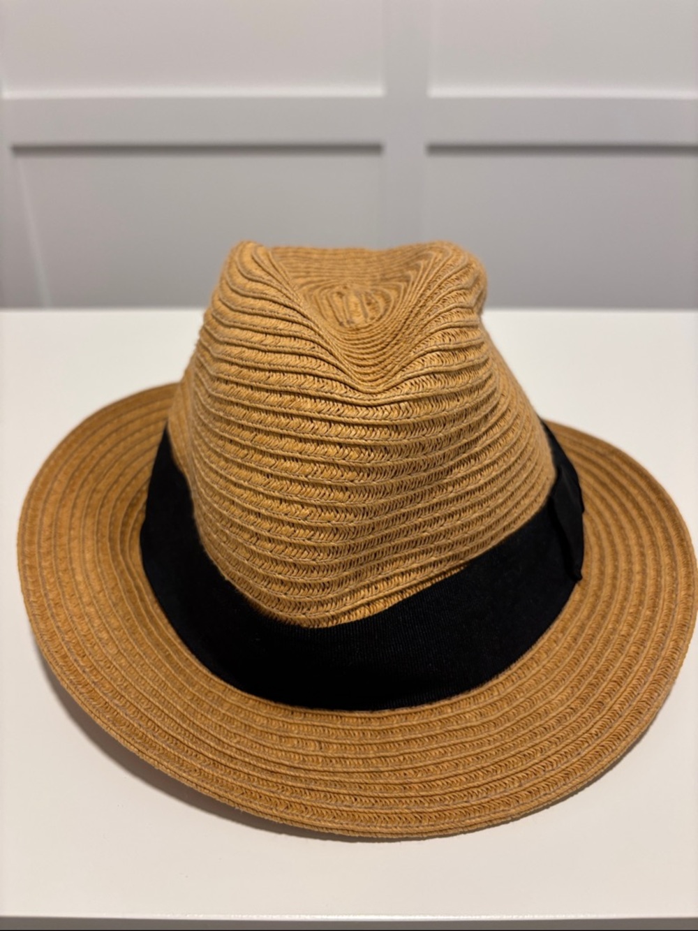 Aritzia Braided Straw Fedora Hat with Black Band - Tan